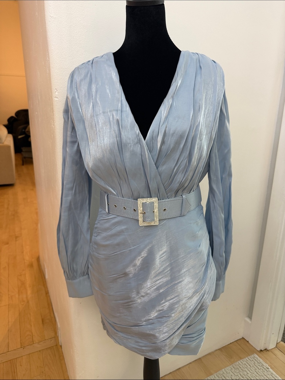 Song of Style Shimmery Light Blue Wrap Dress with Belt